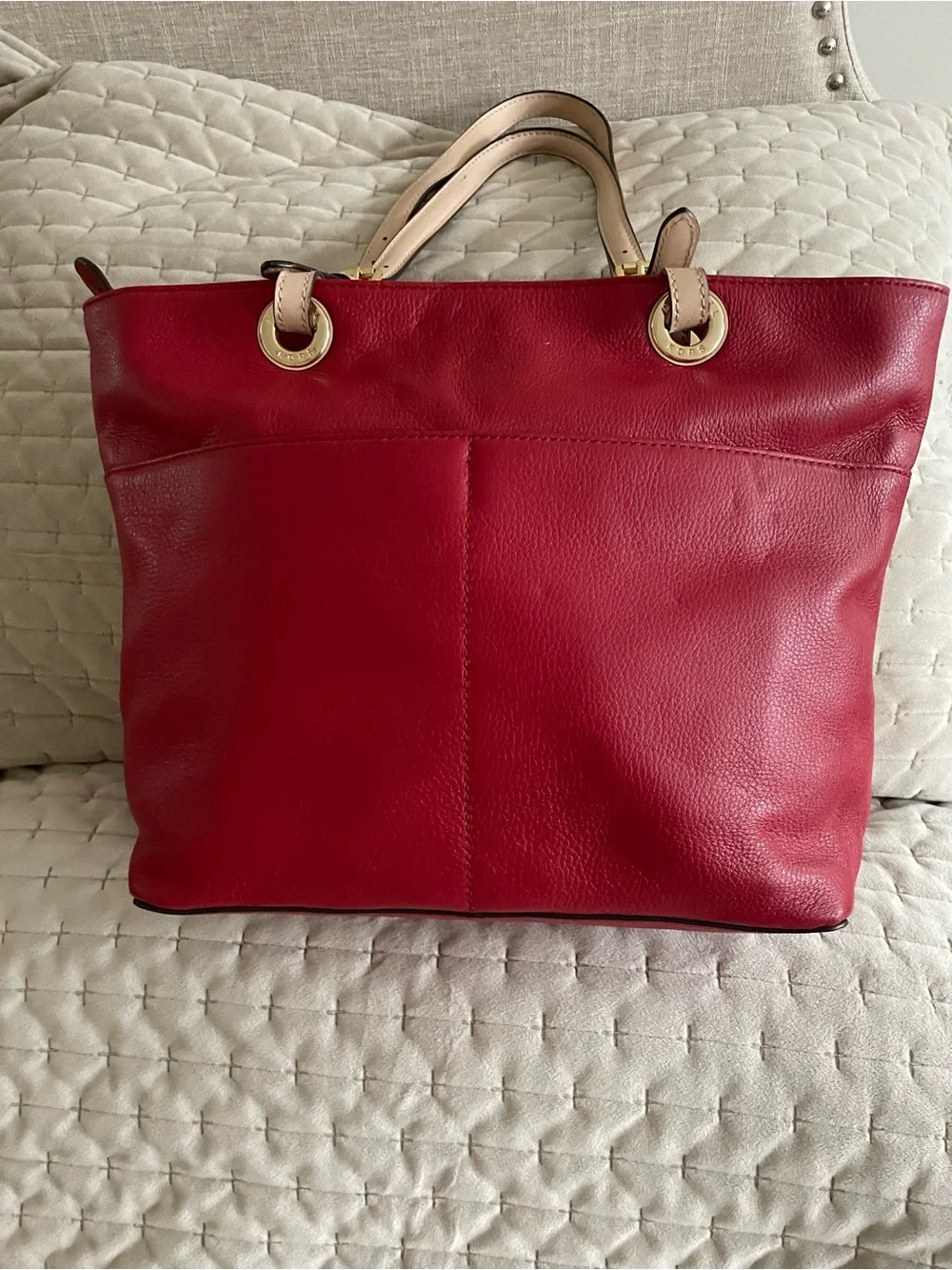 MICHAEL KORS Red Leather Tote with Beige Handles